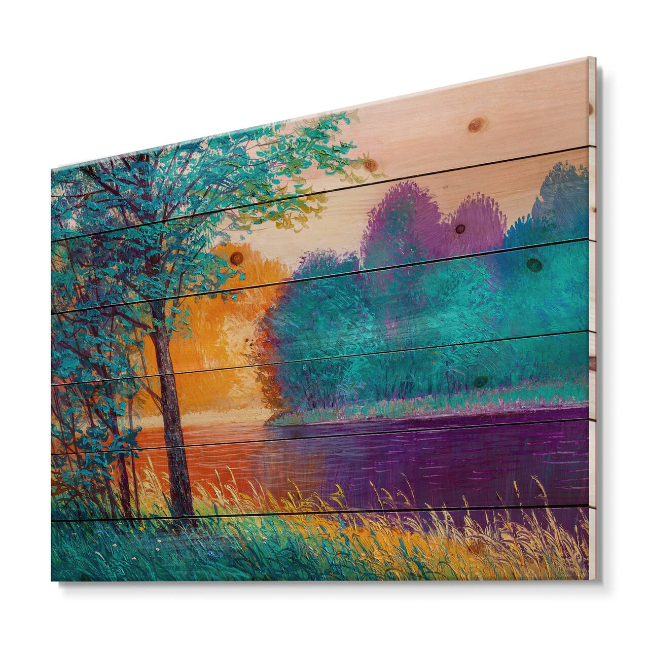 Designart - Colorful River Between The Trees During Twilight - Traditional Print on Natural Pine Wood